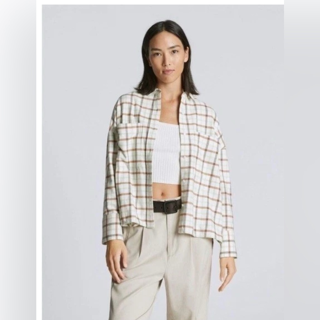 Everlane Boxy Flannel Button-Down Shirt Cream & Brown Plaid | Size Small | New